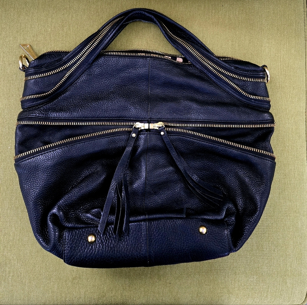 Kelsi Dagger Black Leather Hobo Bag w/ Gold Zipper Trim, NW/Bag, No Tags or box.